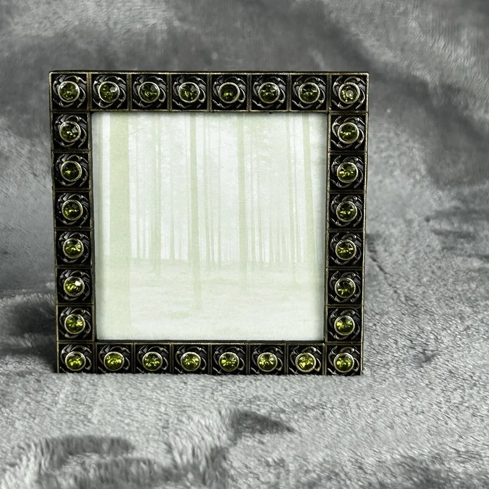 VTG Brass Jeweled Metal Square Frame Green Peridot Colored Rhinestones Boho‎